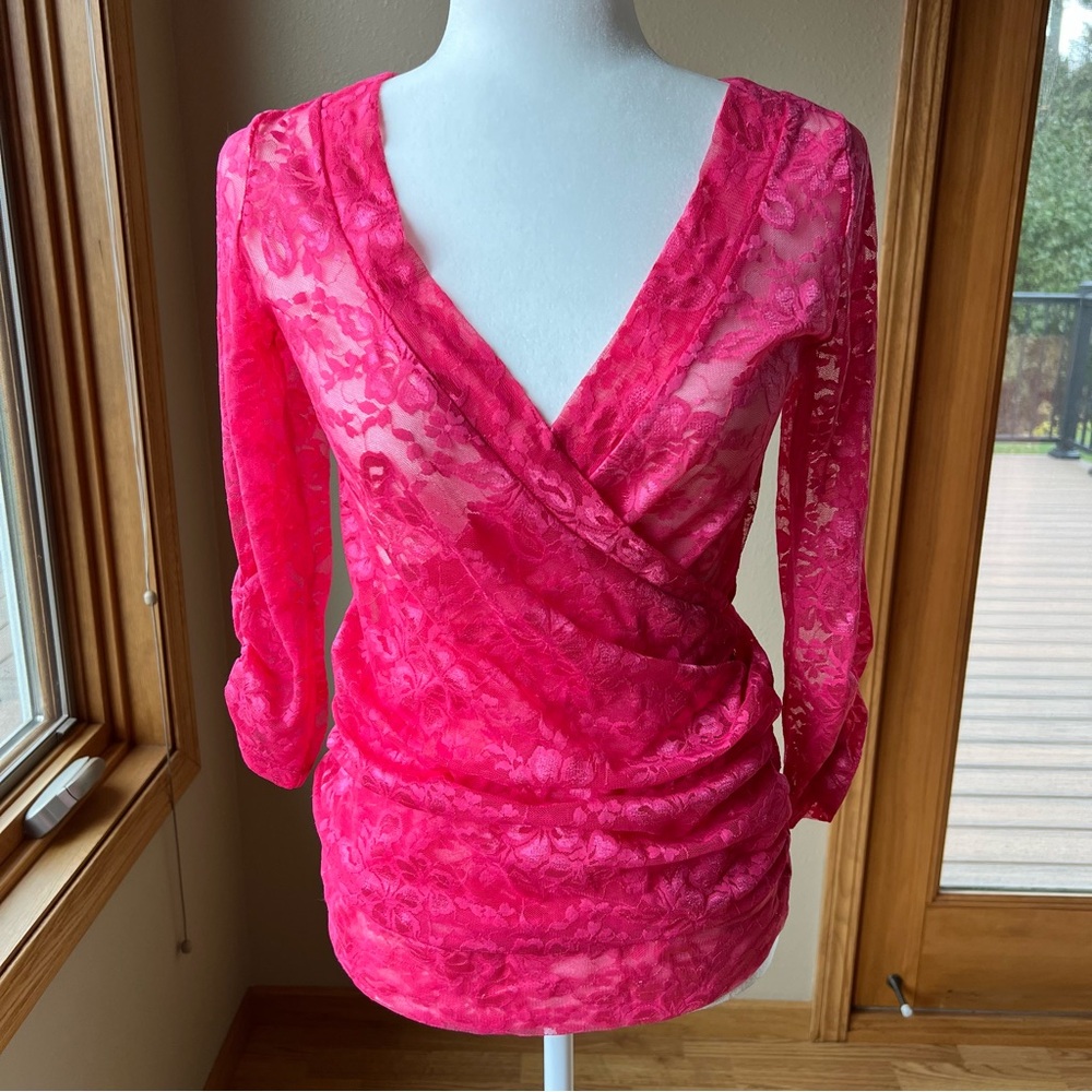Vintage 2000s Vanity Lace Top Women’s S Pink Sheer Y2K 3/4 Sleeve New Old Stock